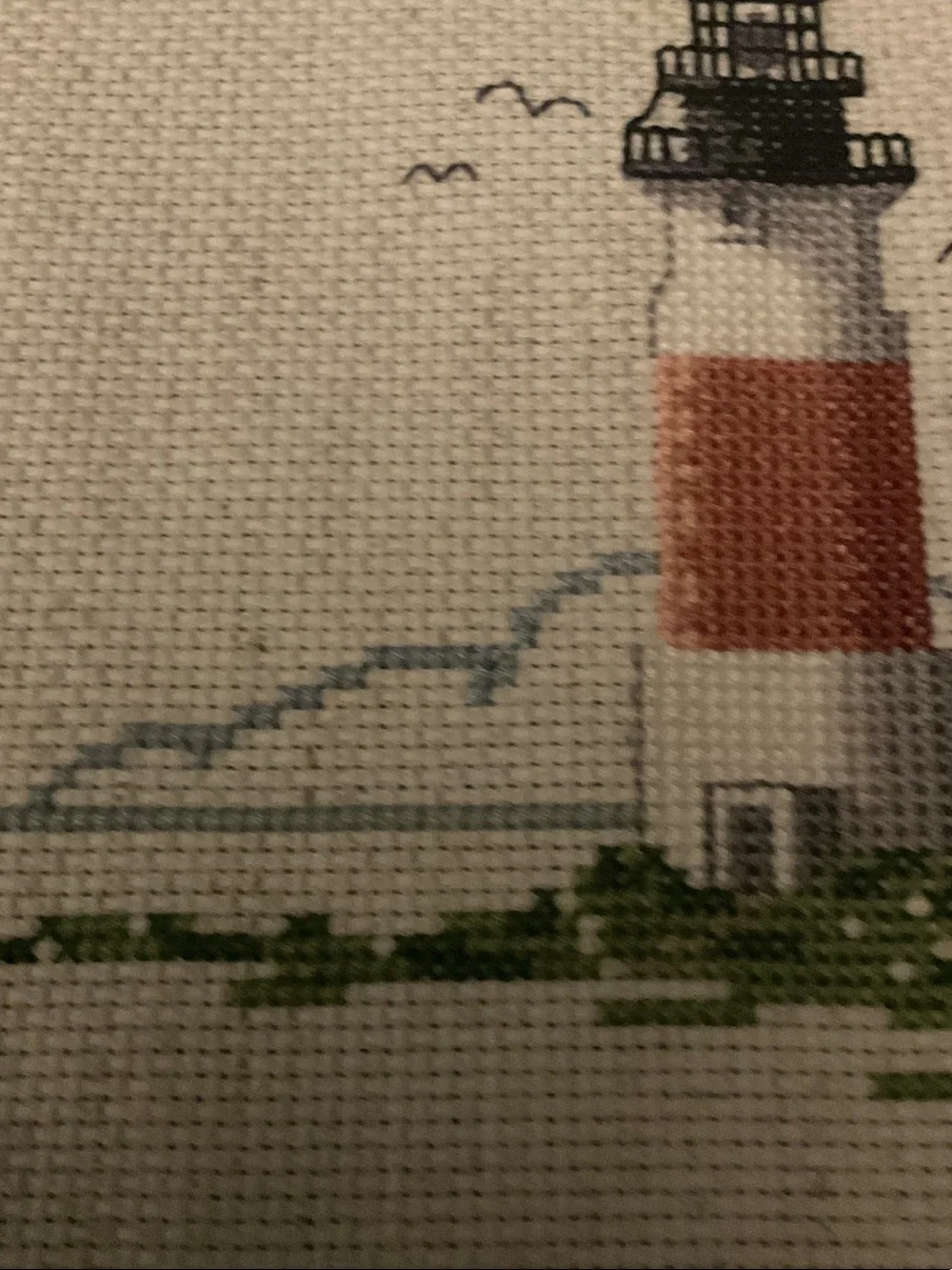 Handcrafted Lighthouse Cross-Stitch Wall Art - Red, White, Green